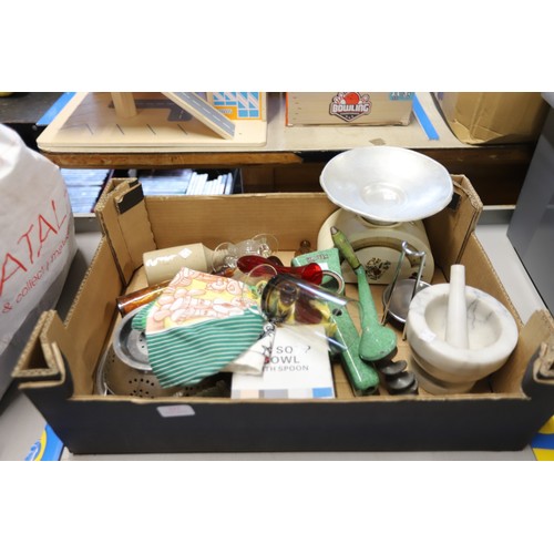 317 - Vintage kitchenalia - pestle & mortar, tin plate scales, carpet heater, stone jars, etc