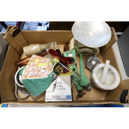 317 - Vintage kitchenalia - pestle & mortar, tin plate scales, carpet heater, stone jars, etc