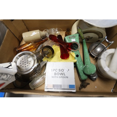 317 - Vintage kitchenalia - pestle & mortar, tin plate scales, carpet heater, stone jars, etc