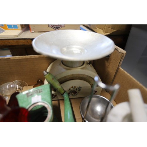317 - Vintage kitchenalia - pestle & mortar, tin plate scales, carpet heater, stone jars, etc