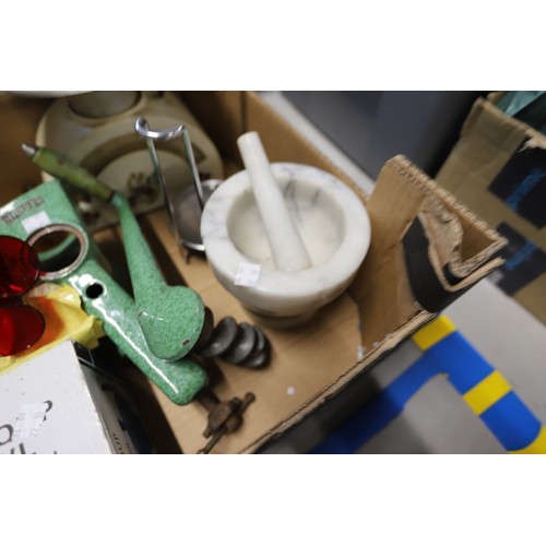 317 - Vintage kitchenalia - pestle & mortar, tin plate scales, carpet heater, stone jars, etc