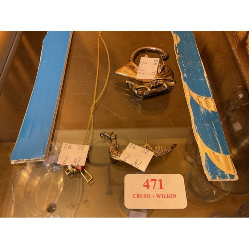 471 - Marked 925 signed swan brooch, 925 cross & necklace & sterling brooch