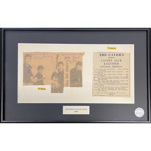 11 - THE BEATLES - JOHN LENNON AND PAUL MCCARTNEY - 1962 AUTOGRAPHS. A mounted, framed and glazed display... 