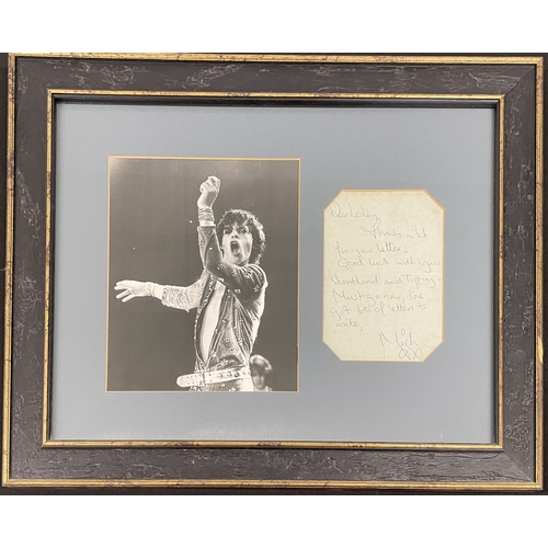 14 - THE ROLLING STONES - C 1960S HANDWRITTEN MICK JAGGER LETTER. MEASUREMENTS A mounted, framed and glaz... 