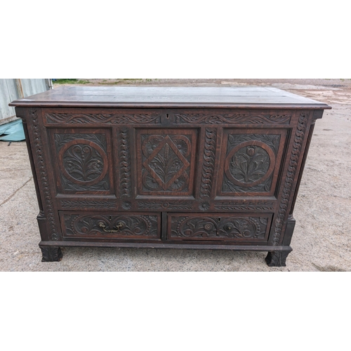 36 - Extensively Carved 19C Antique Mule Chest, 2 Drawer Plus Internal Compartments. Very Heavy Wonderful... 