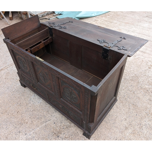 36 - Extensively Carved 19C Antique Mule Chest, 2 Drawer Plus Internal Compartments. Very Heavy Wonderful... 