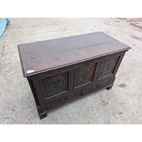 36 - Extensively Carved 19C Antique Mule Chest, 2 Drawer Plus Internal Compartments. Very Heavy Wonderful... 