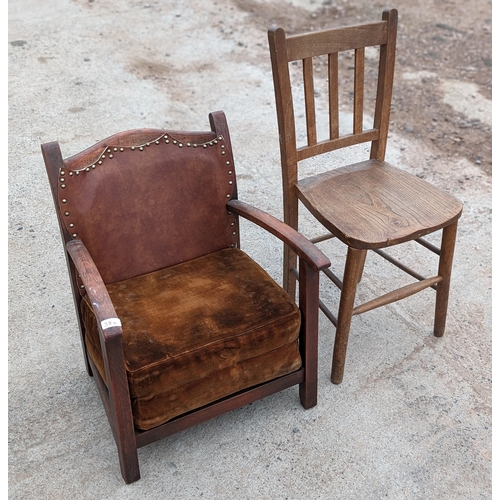 38B - Antique Childs Chair With Seatpad & Leather Back, Along with an Antiue Church Chair. Really Unusual ... 