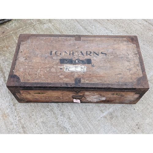 38C - Vintage Wood / Metal Bound Military / Steamer Chest Stamped I. G. Mearns Lable on Front 