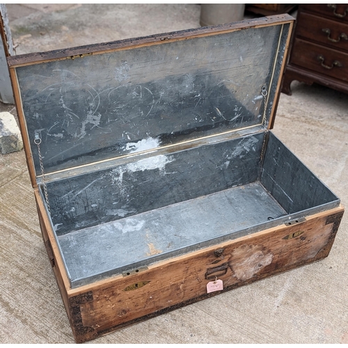 38C - Vintage Wood / Metal Bound Military / Steamer Chest Stamped I. G. Mearns Lable on Front 