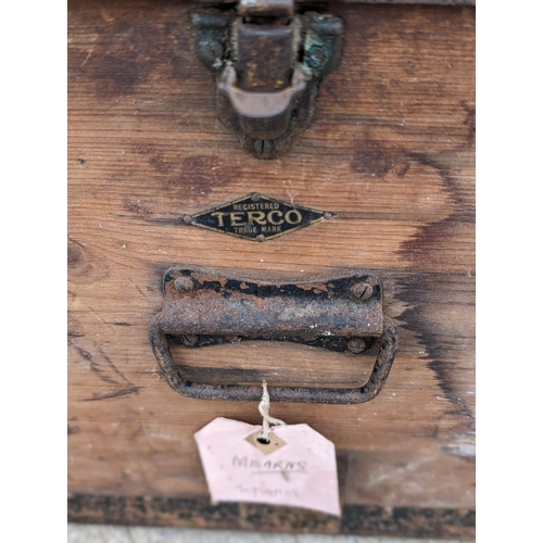 38C - Vintage Wood / Metal Bound Military / Steamer Chest Stamped I. G. Mearns Lable on Front 