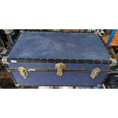 53A - Blue Ply And Bound Steamer Trunk 
No key But Unlocked - Really Good Condition
90 x 50 x 47