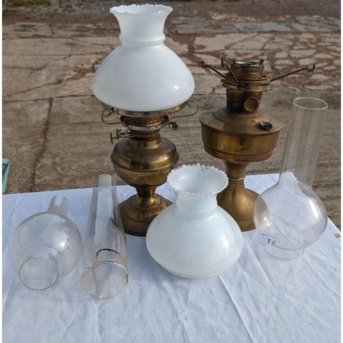 72 - Vintage Oil Lamps x 2 Plus 3 Shades and Two Chimneys One Chimney A/F