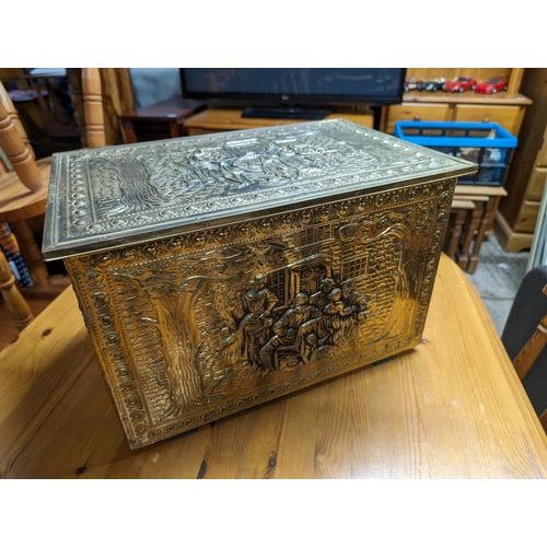 130 - Vintage Brass And Wooden Embossed Fireside Magazine Rack Plus Ornate Embossed Coal Box - Excellent C... 