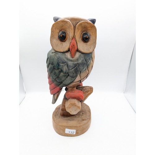 132 - Large Mid Century Hand Carved Teak Perched Owl - Hand Coloured 20x45cm