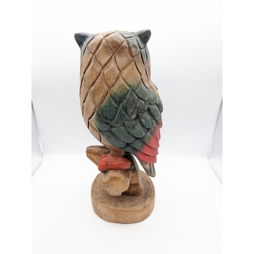 132 - Large Mid Century Hand Carved Teak Perched Owl - Hand Coloured 20x45cm