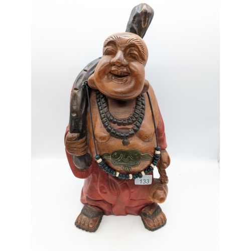 133 - Large Well Carved Teak Laughing Buddha Statue C1950 25x45cm