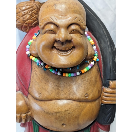 134 - Large Heavy Teak Hand Carved Buddha Statue, Fabulously Carved And Hand Painted 35x64cm