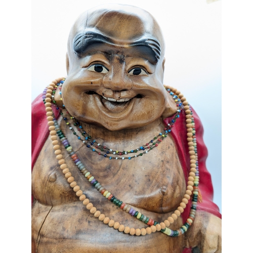 135 - Large Very Heavy Teak Hand Carved Seated Laughing Buddha, Hand Painted. Has Crack But Has Little Aff... 