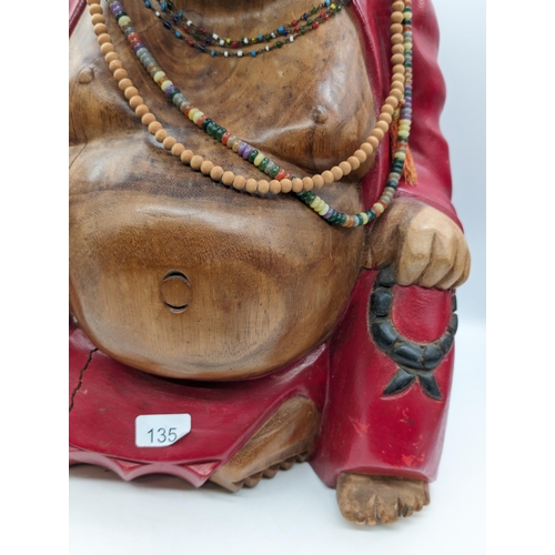 135 - Large Very Heavy Teak Hand Carved Seated Laughing Buddha, Hand Painted. Has Crack But Has Little Aff... 