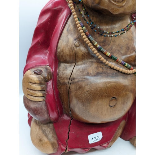 135 - Large Very Heavy Teak Hand Carved Seated Laughing Buddha, Hand Painted. Has Crack But Has Little Aff... 