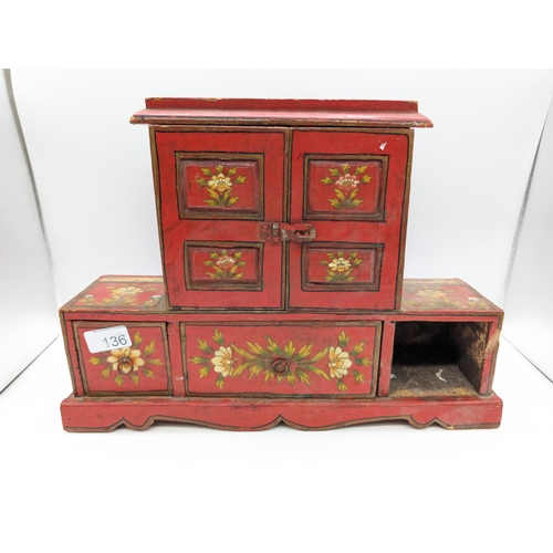 136 - Antique Hand Made Likely Tibetan  / Folk  Table Top Cabinet/Jewellery Box. Hand Painted, Appears of ... 