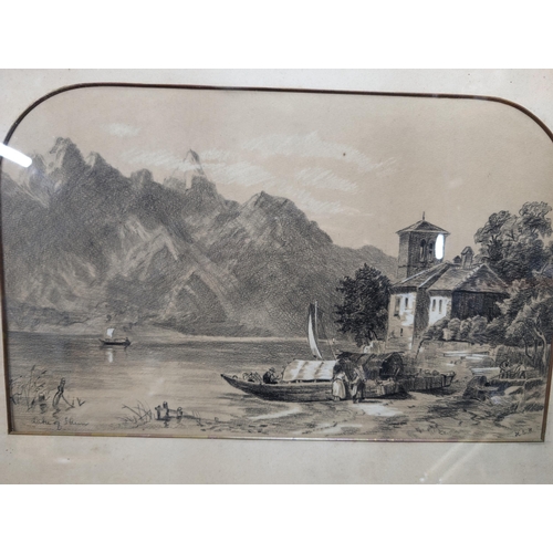 139 - Impressive Large Pencil Sketch Of a Lakeside Alpine Scene, Monogrammed K.E.M, Framed 80 x 60cm