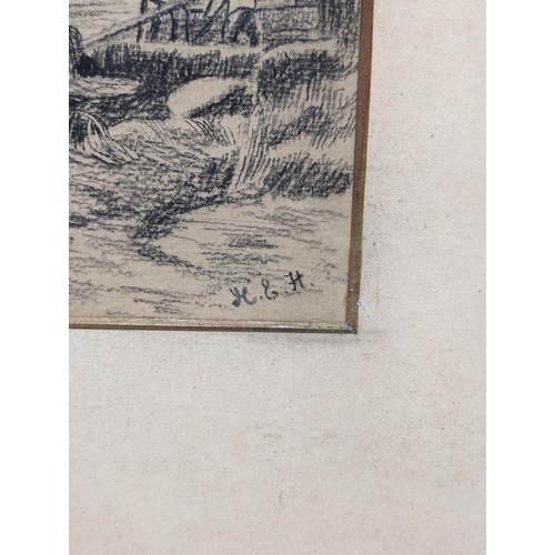 139 - Impressive Large Pencil Sketch Of a Lakeside Alpine Scene, Monogrammed K.E.M, Framed 80 x 60cm