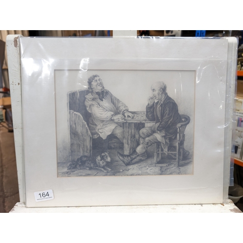 164 - Extremely Well Executed Pencil Sketch After - Two Seated Gentleman With Dog Mounted / Unframed 42x35... 