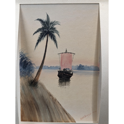 171 - Trio Of Fantastic Tonal Watercolours  - Asian Junkboat Landscapes Signed Kebose 1930 Largest 39x29cm