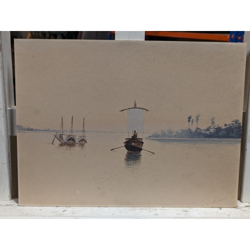 171 - Trio Of Fantastic Tonal Watercolours  - Asian Junkboat Landscapes Signed Kebose 1930 Largest 39x29cm