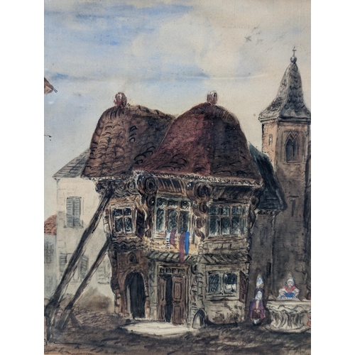 173 - Well Executed Original Watercolour - French Town Napoleonic Feel C1900 Mounted Unframed Unsigned 31x... 