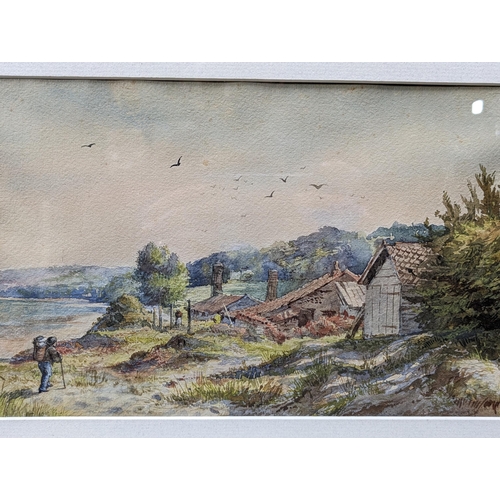 203 - Excellent Original Watercolour - Coastal Scene With Figure Hiking in The Foreground and Seaside Cott... 