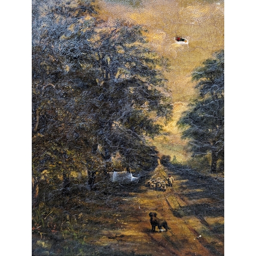 204 - Well Executed Original Oil On Canvas - Farming Scene With Sheepdog Herding Sheep Down a Heavily Wood... 