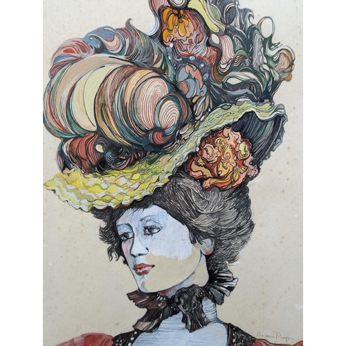 206 - Extensive Large Mixed Media / Pen / Watercolour of An Edwardian Lady With Decorative Hat - Signed Ba... 