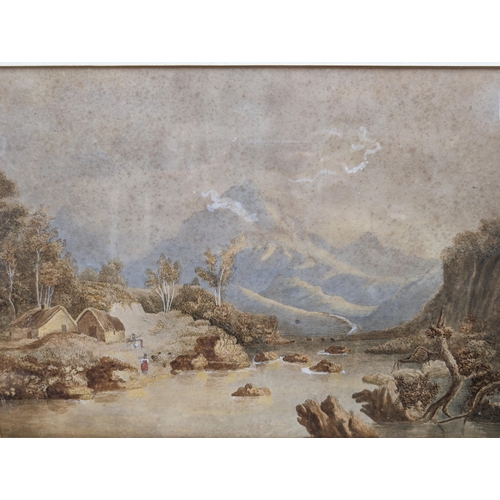 209 - Large Extensive Watercolour - Mountain Village Scene With figures On The River Bank Framed and Glaze... 