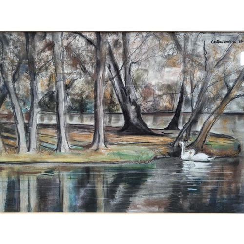 211 - Slavko Upeuche Large Watercolour Swans On a Lake In Landscape Scene - 63x49cm