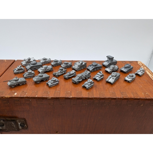 271 - Large Quantity (205) Miniature Wargames Metal Vehicles / Tanks / Etc Plus Wooden Box. Excelllent Con... 