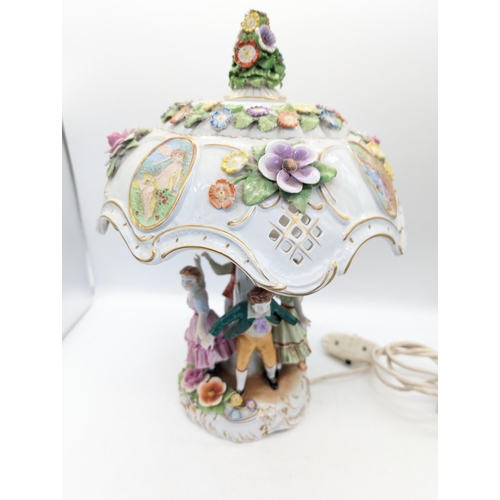 292 - Excellent Example Dresden style Meissen Profusely Decorated Porcelain Lamp  Dancing Figuaral Design ... 