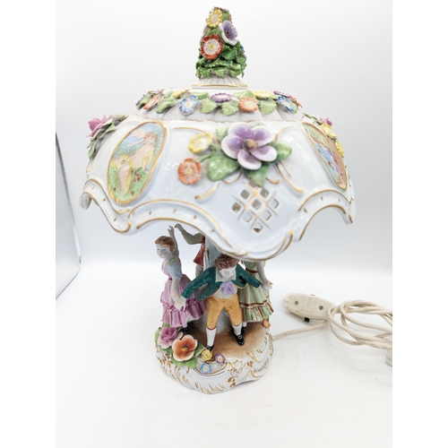 292 - Excellent Example Dresden style Meissen Profusely Decorated Porcelain Lamp  Dancing Figuaral Design ... 