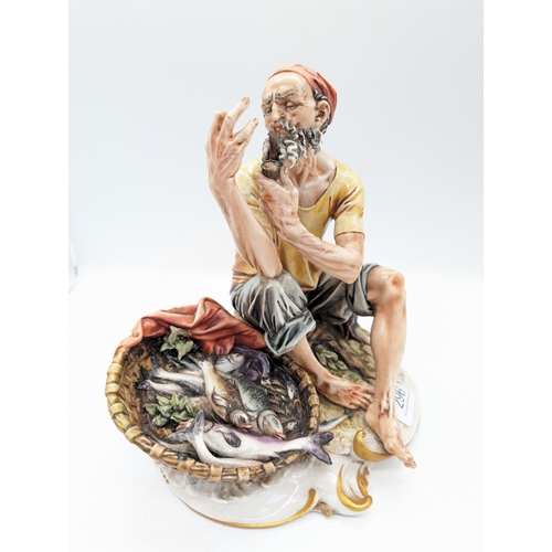 296 - Vintage Large Capodimonte Figure - Fisherman with Pipe and His Catch Excellent Condition Marked To B... 