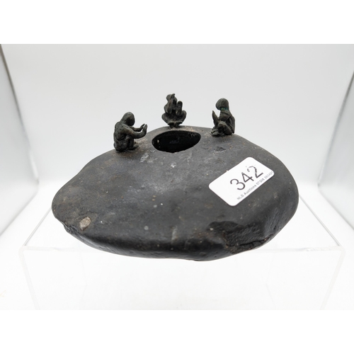 342 - Unusual Sculpture Candle / Tealight Holder, Large Metallic sculpture of pebble with figures around a... 