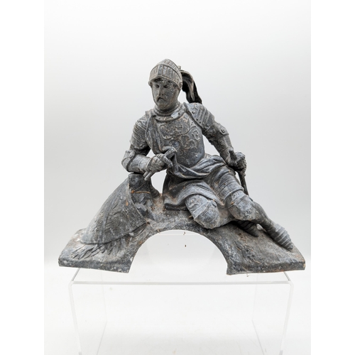 342B - Impressive Antique Cast Resting Knight Figure, Heavy and extremely Well Cast. Used to be a Clock Top... 