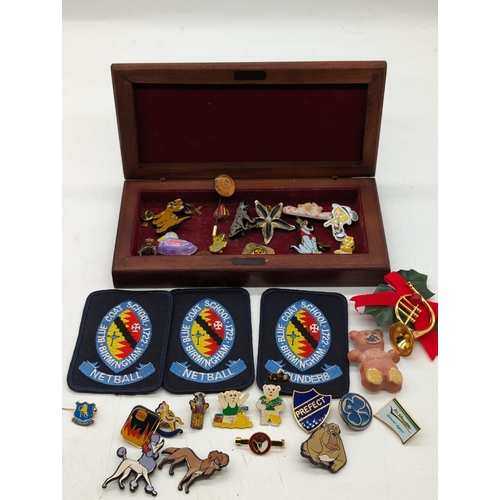 411 - Wooden Box, Various Badges. Lots of Vintage Hard to find Disney Badges Plus Others