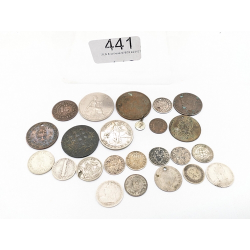 441 - Antique Bundle Mostly Silver Coins Including 1868 Maundy Four pence ( Been Drilled) 
Plus 1796 Half ... 