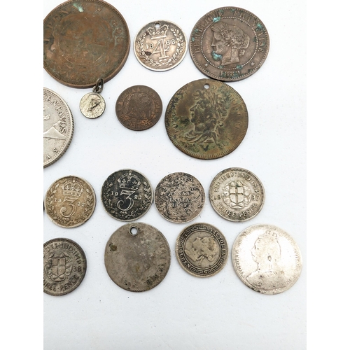 441 - Antique Bundle Mostly Silver Coins Including 1868 Maundy Four pence ( Been Drilled) 
Plus 1796 Half ... 