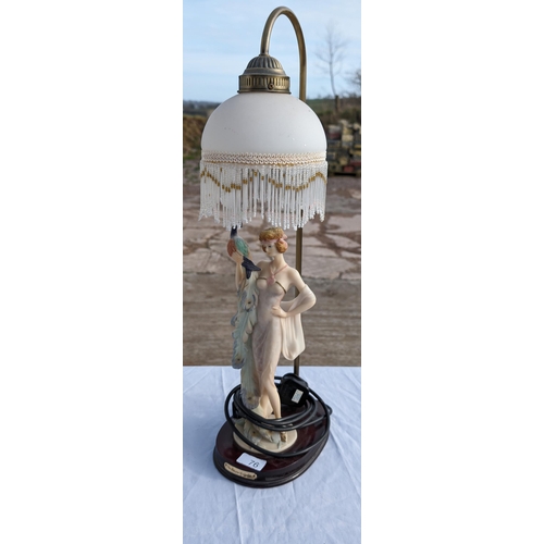 76 - Vintage Juliana Art Deco Style Lamp With Figural Model Holding A Peacock Domed Glass Beaded Shade
60... 