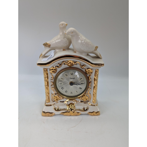 82 - Vintage Ceramic White / Gold Mantle Clock with Doves Design Quartz Movement
16x 25