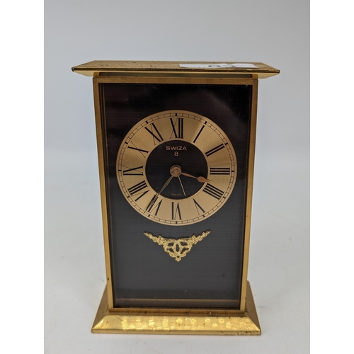 83 - Swiza Vintage Swiss 8 Day Boudior Heavy Brass Mechanical Mantle / Alarm Clock
10x15