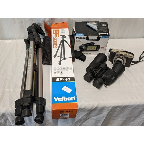 123A - Panasonic W570 Twin Camera Video Camera, Along with Binoculars, tripods and Others. Camera Tested Bu... 